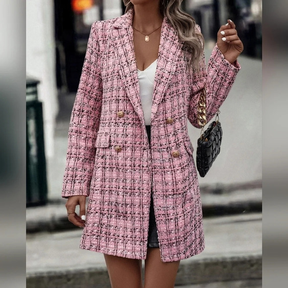 Jackets & Blazers - Plaid Pattern Double Breasted Tweed Overcoat